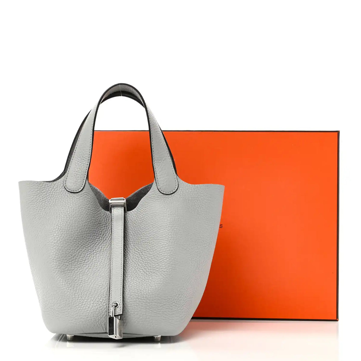 Light blue leather bucket bag with two top handles and metal front lock
