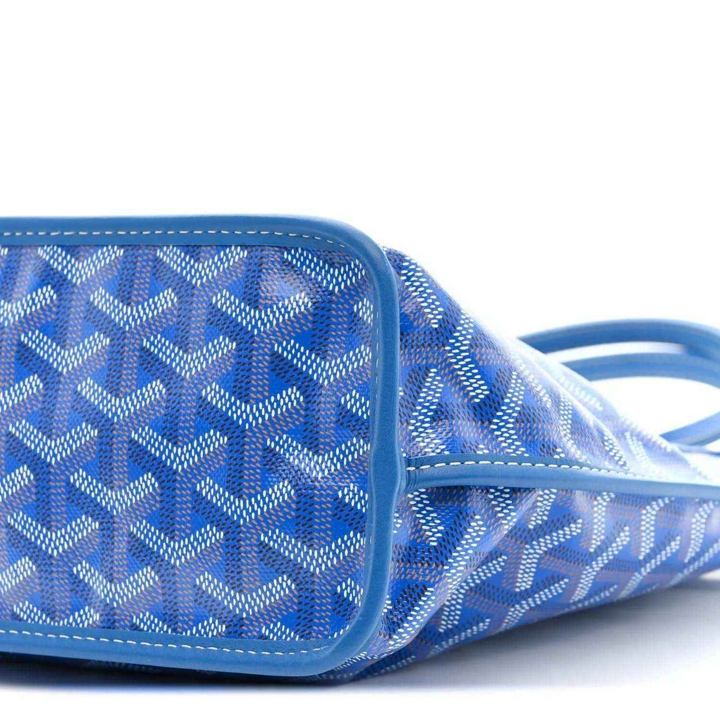 Mini reversible tote bag, blue monogram canvas top edge with leather piping and stitching