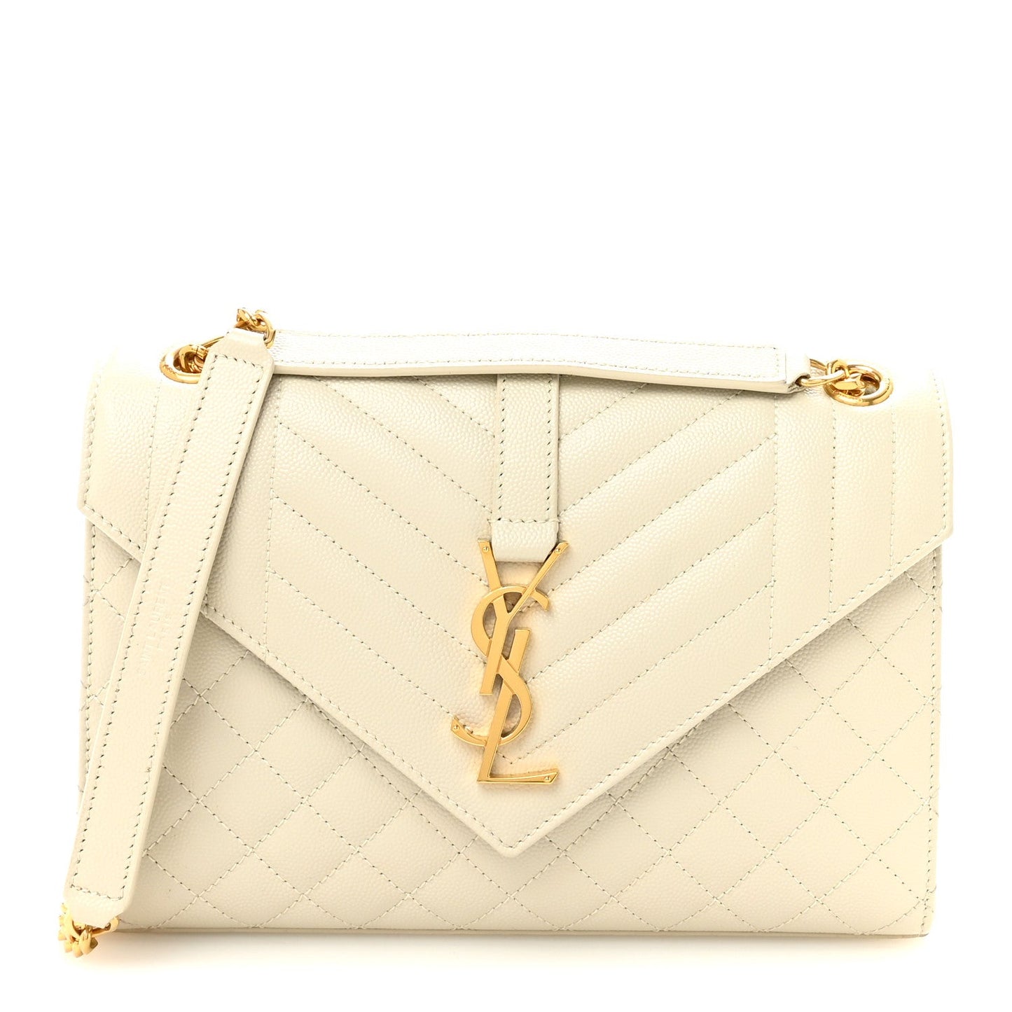 Cream quilted satchel with front monogram latch, gold hardware, and chain shoulder strap