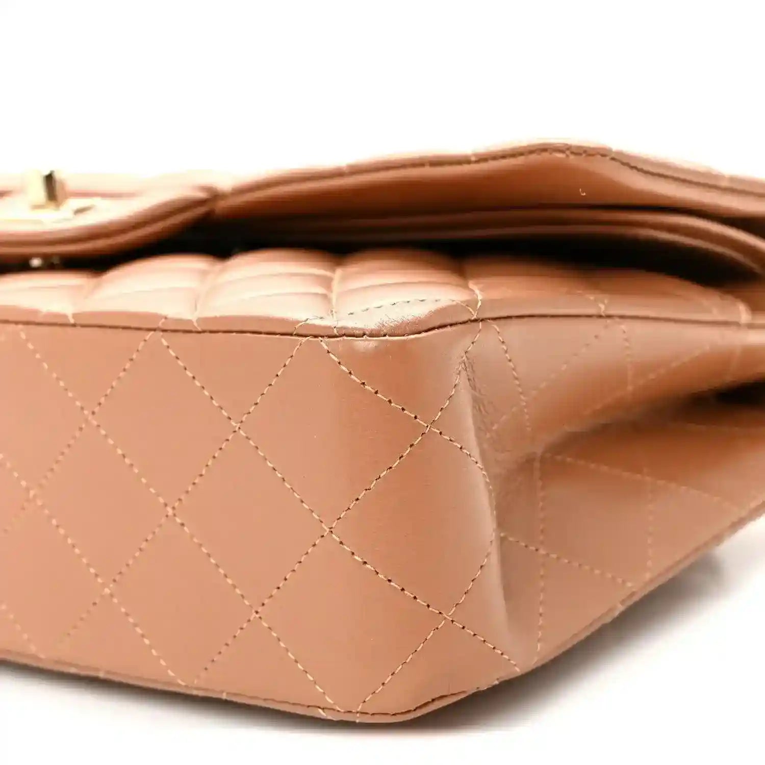 Chanel medium quilted lambskin bag interior top opening, tan-brown, stitched sides