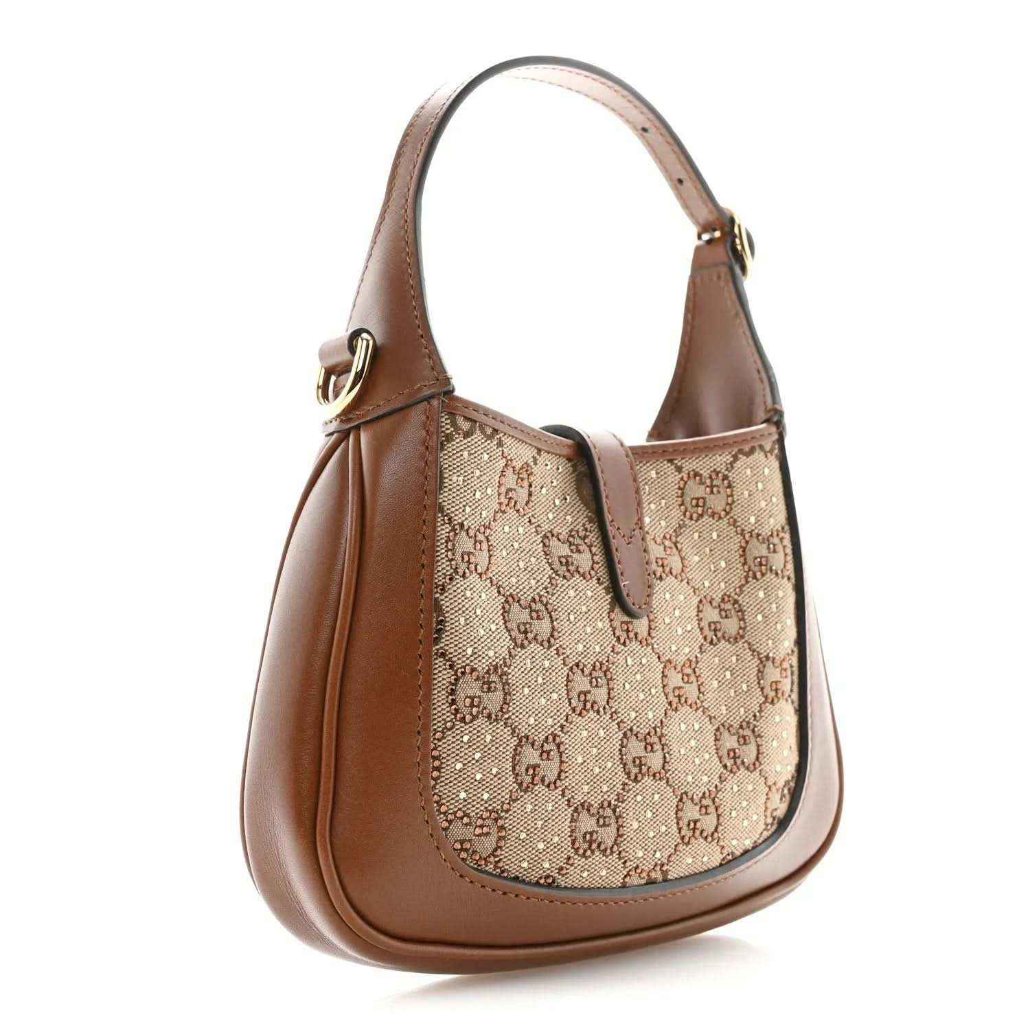 Mini hobo bag with brown leather sides, beige GG monogram canvas, curved top handle