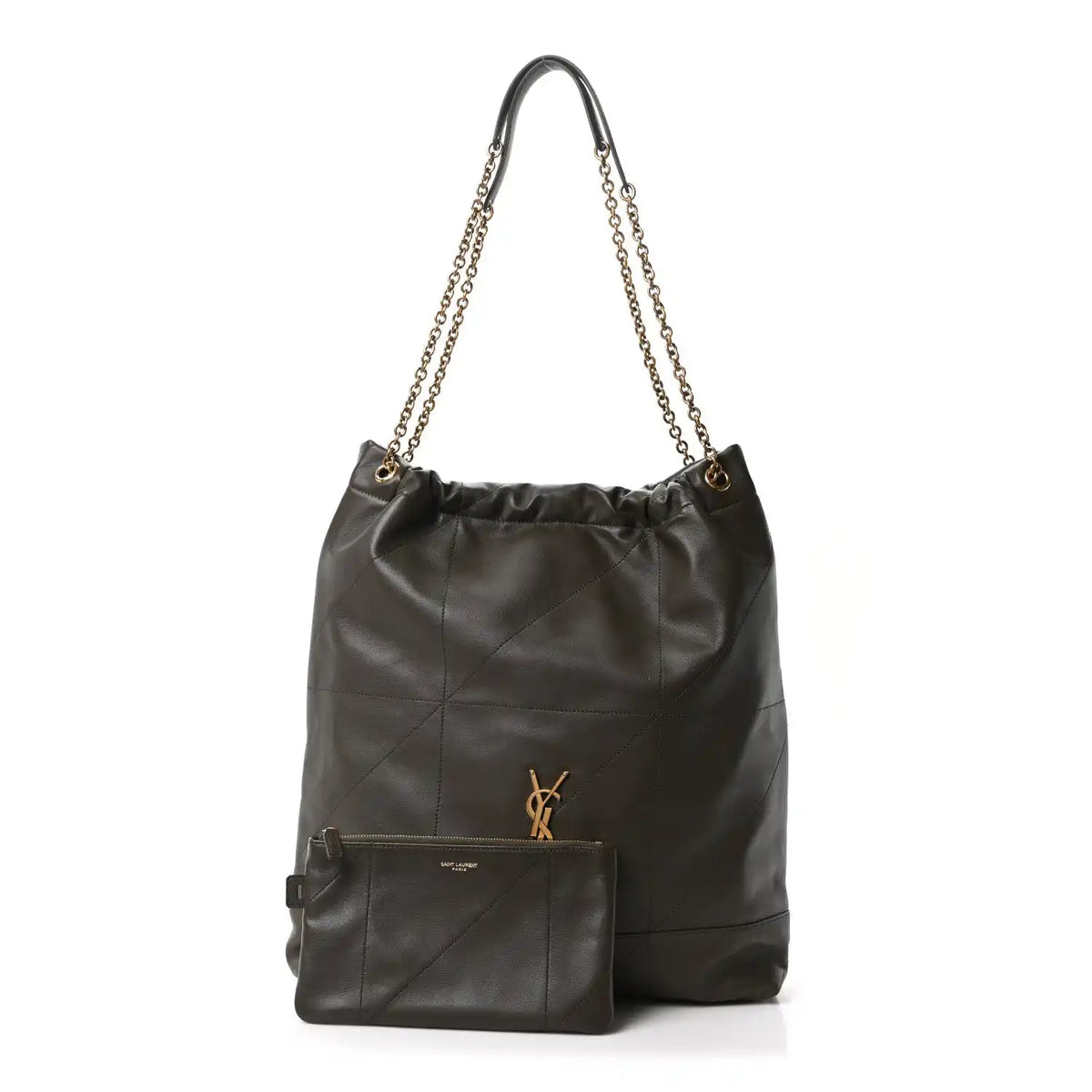 Large quilted leather shoulder bag with chain handles, YSL logo, and mini pouch