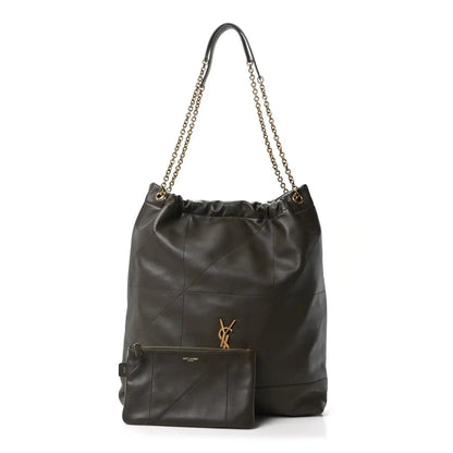 Large quilted leather shoulder bag with chain handles, YSL logo, and mini pouch