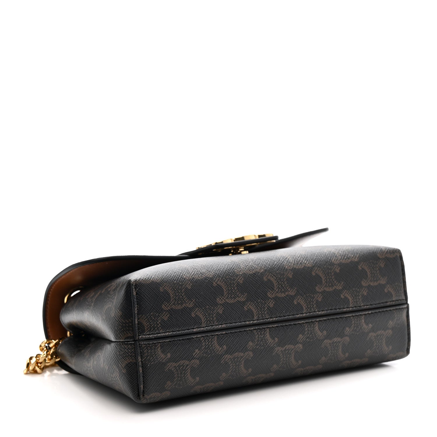 Celine Triomphe shoulder bag side view with gold chain and dark brown flap, structured shape