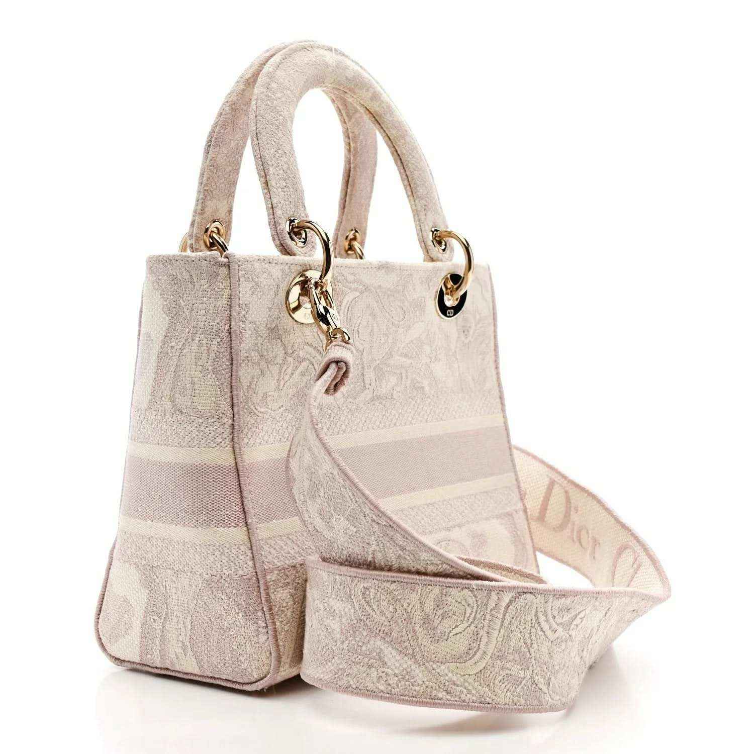 Medium rose-pink embroidered handbag with structured sides, two top handles, and gold hardware