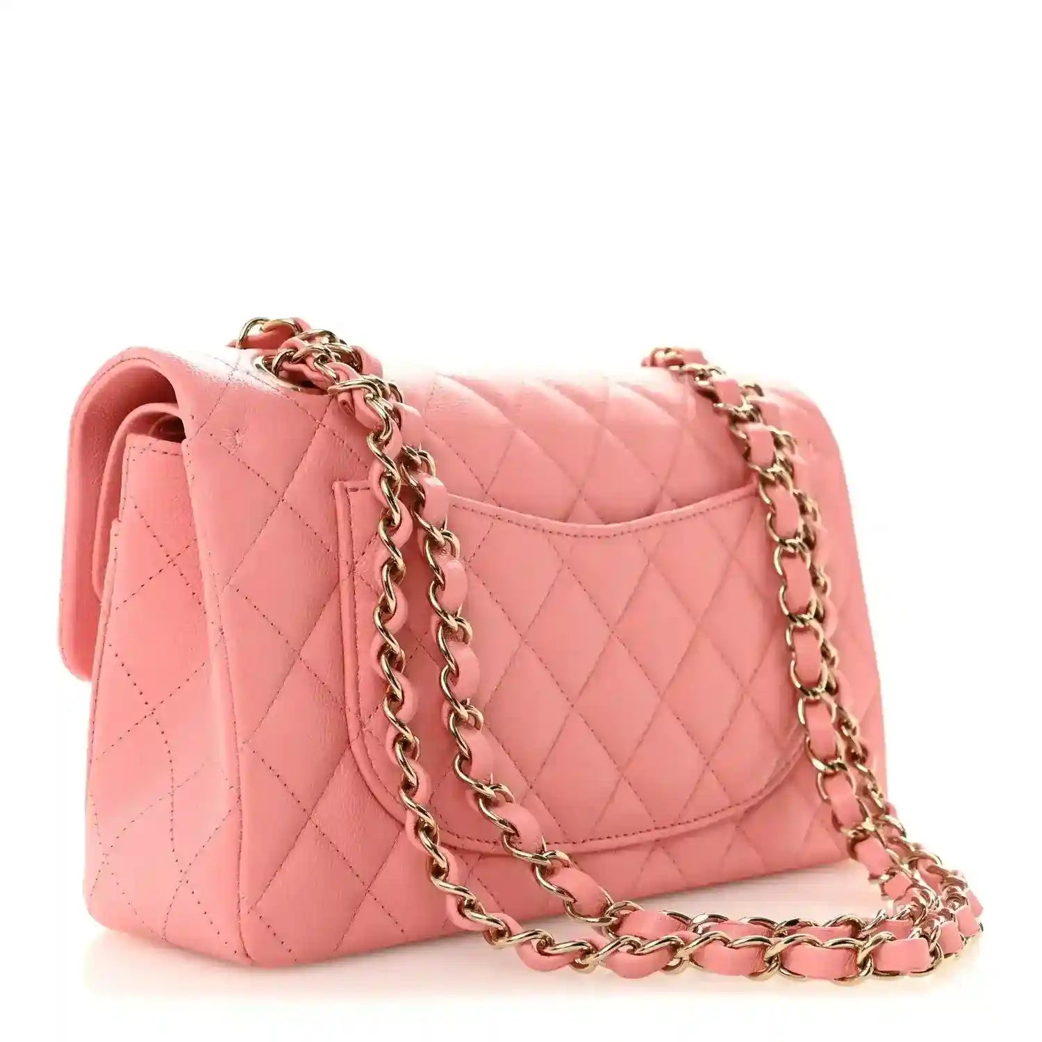 Light pink quilted small double flap bag with gold chain strap and side profile