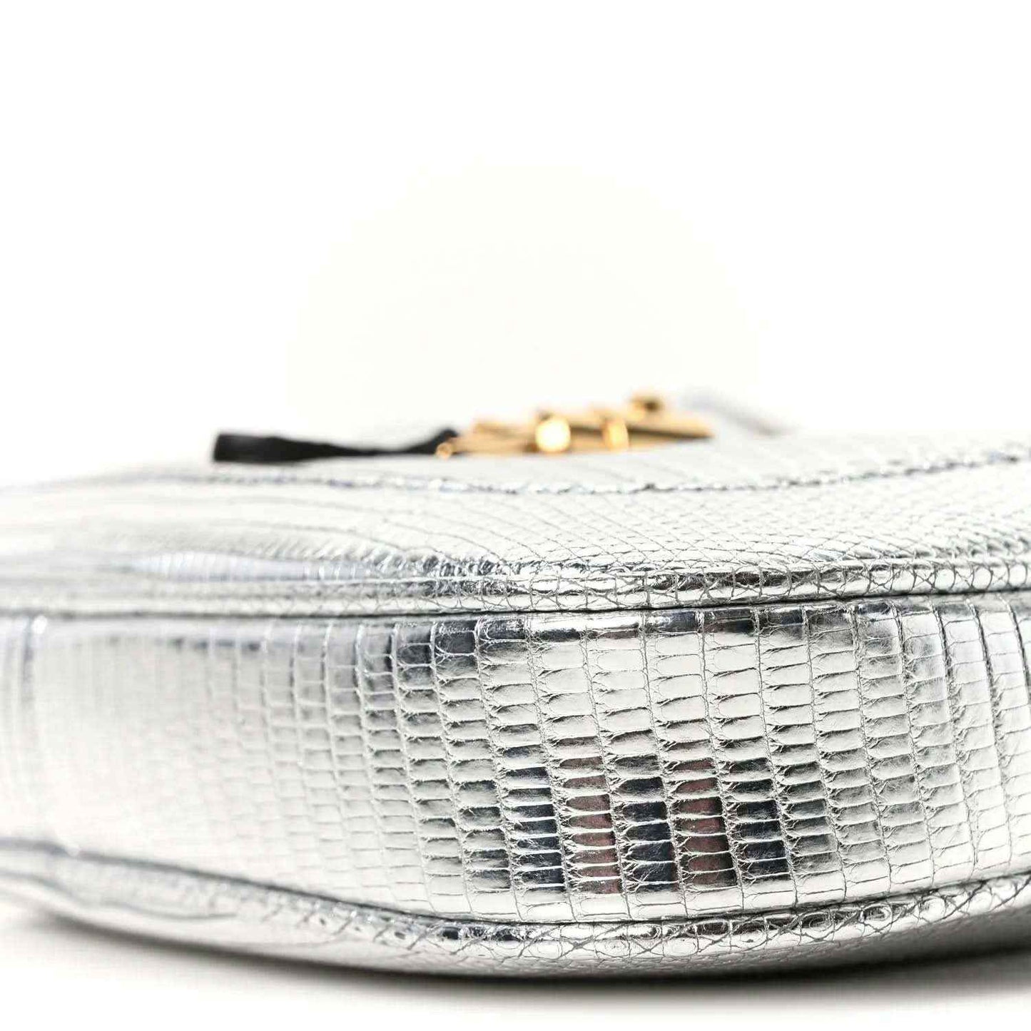 Silver lizard-effect mini shoulder bag top edge with gold-tone hardware