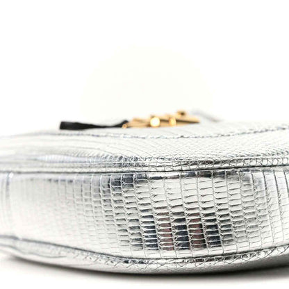Silver lizard-effect mini shoulder bag top edge with gold-tone hardware