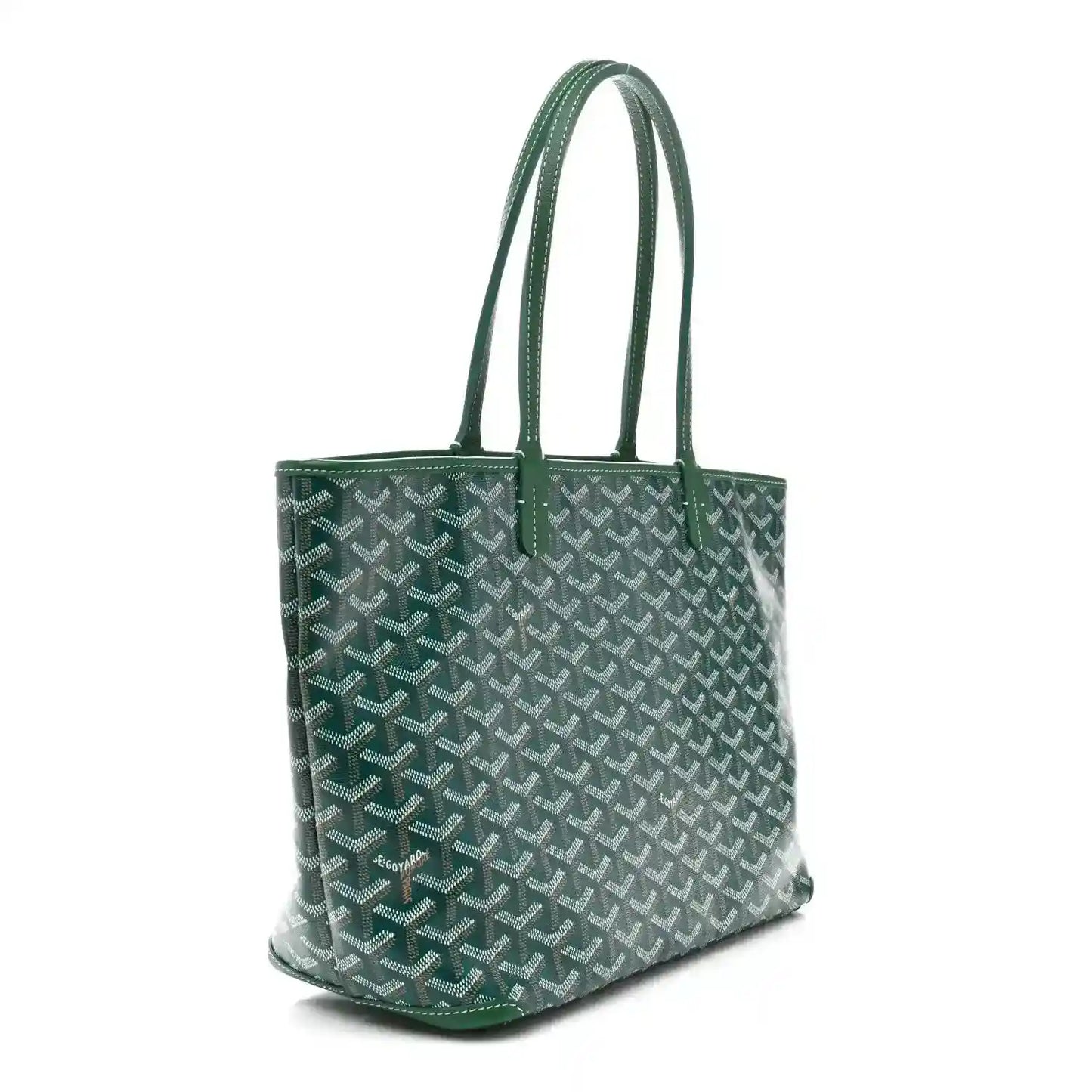 Goyard Artois PM tote bag with green top handles and patterned Goyardine canvas