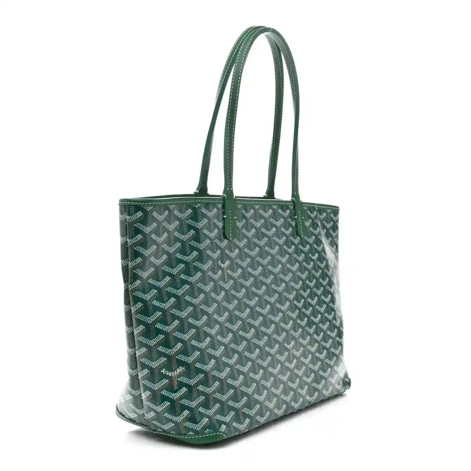 Goyard Artois PM tote bag with green top handles and patterned Goyardine canvas