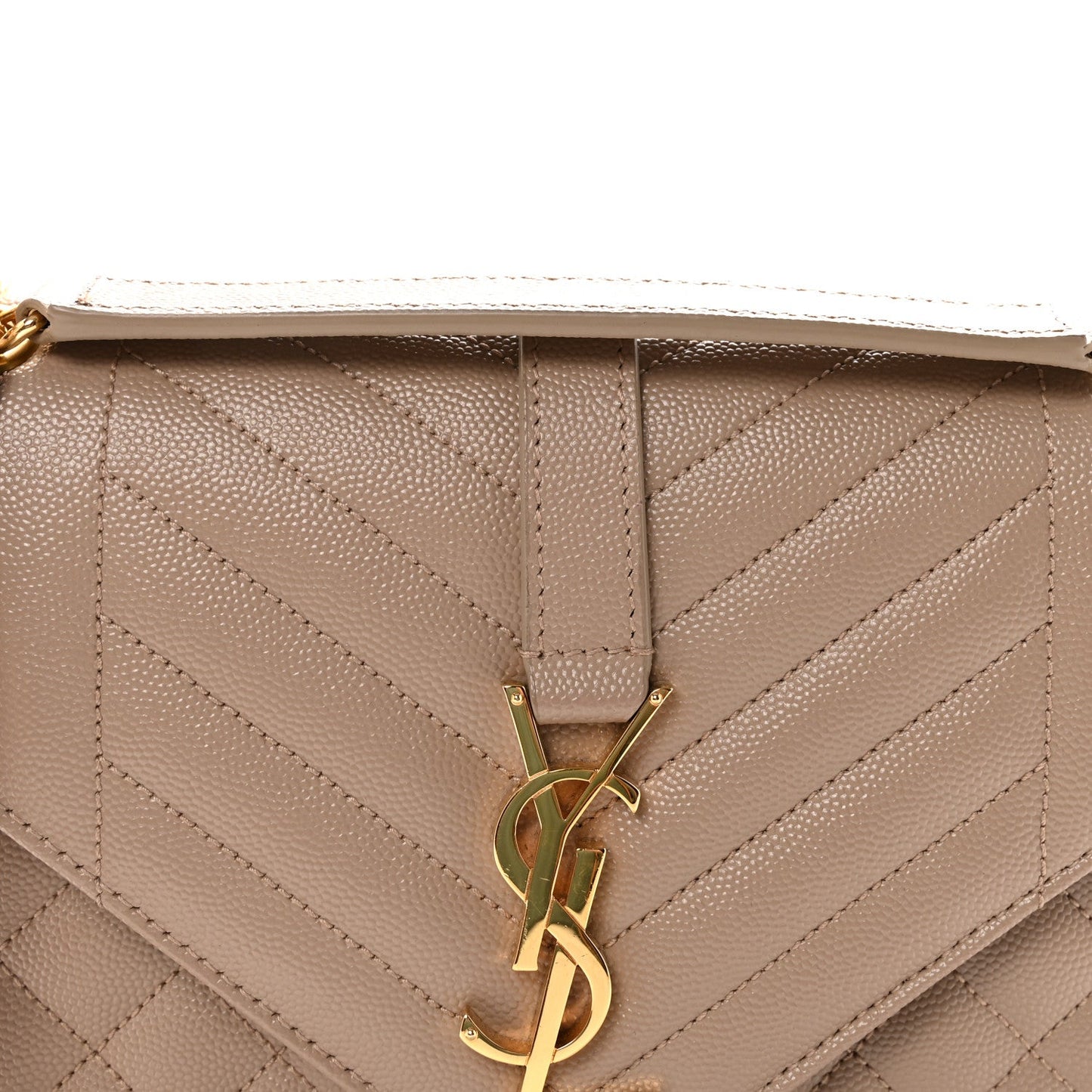 Dark beige satchel front close-up with quilted diamond pattern and gold-tone YSL monogram clasp.