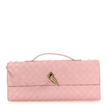Bottega Veneta Rose pink intrecciato nappa long clutch with top handle and flap