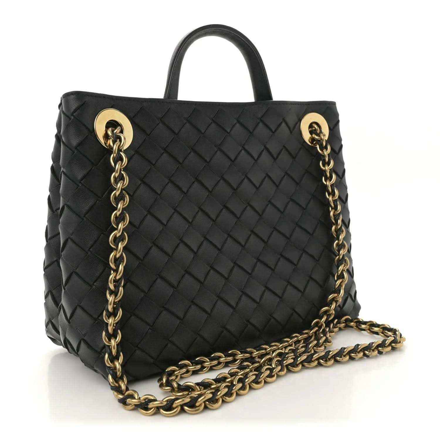 Black intrecciato leather small shoulder bag with long gold chain and top handles