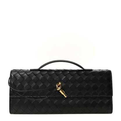 Black woven leather long Andiamo top-handle clutch with gold clasp