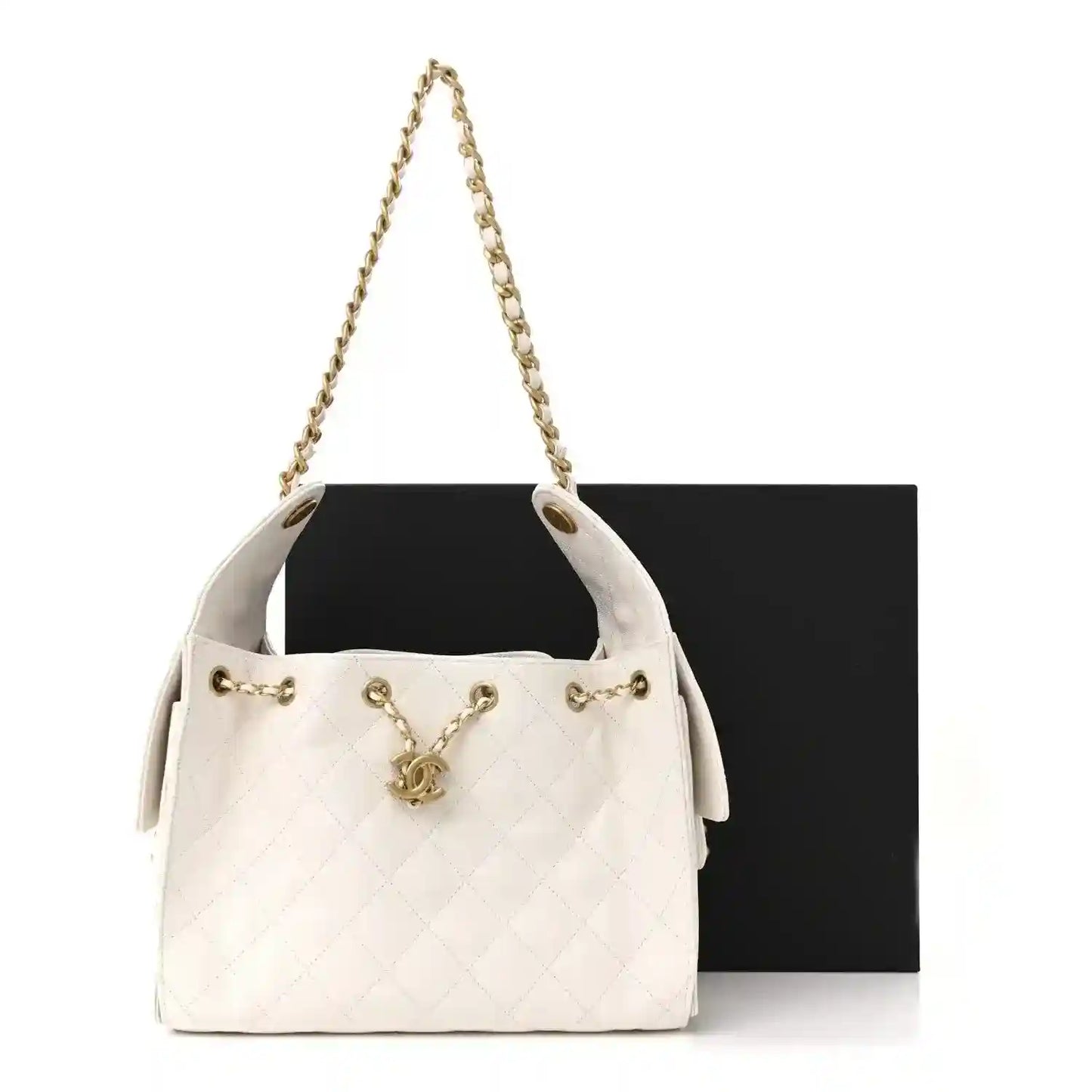 White quilted caviar leather shoulder bag with chain straps and Chanel charm