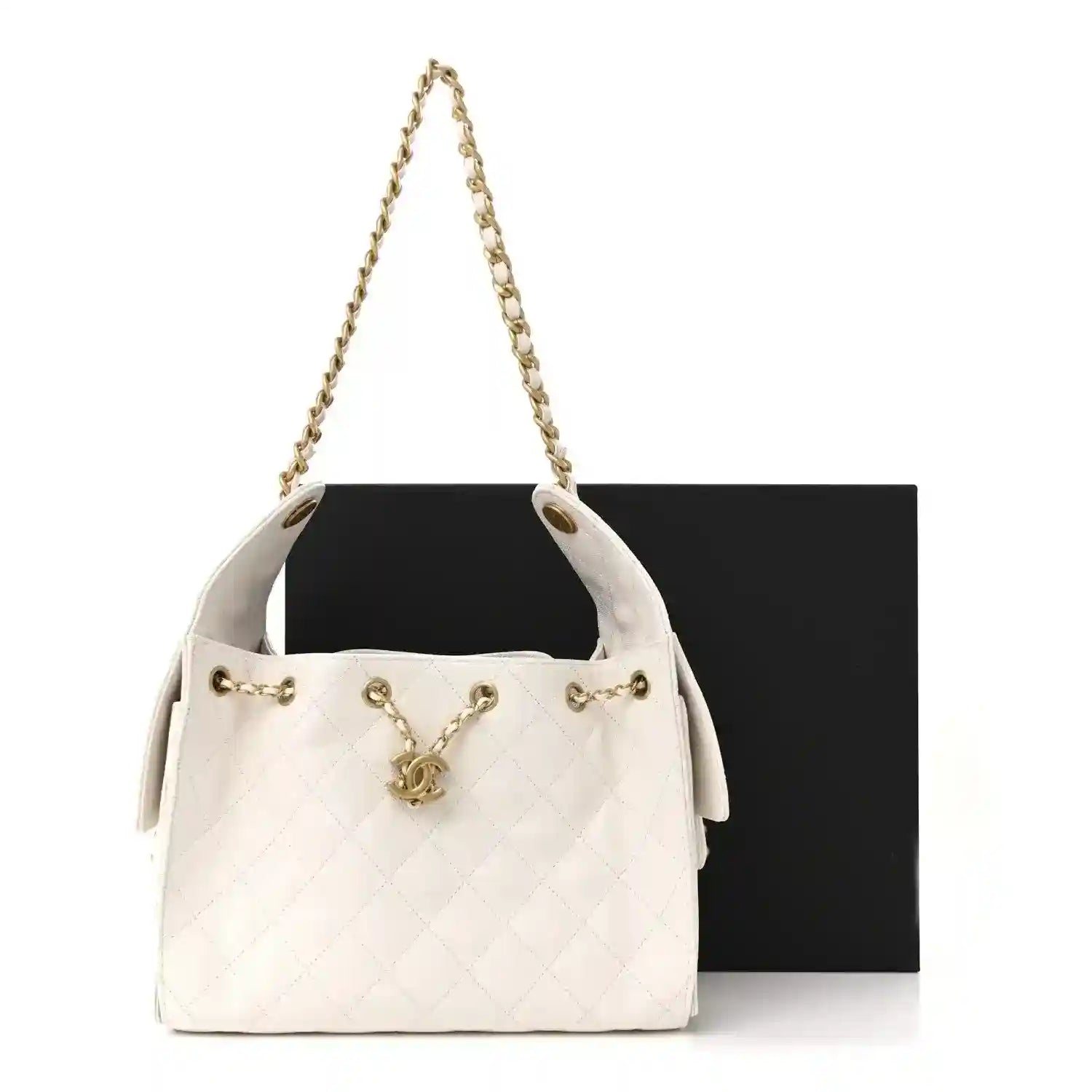 White quilted caviar leather shoulder bag with chain straps and Chanel charm