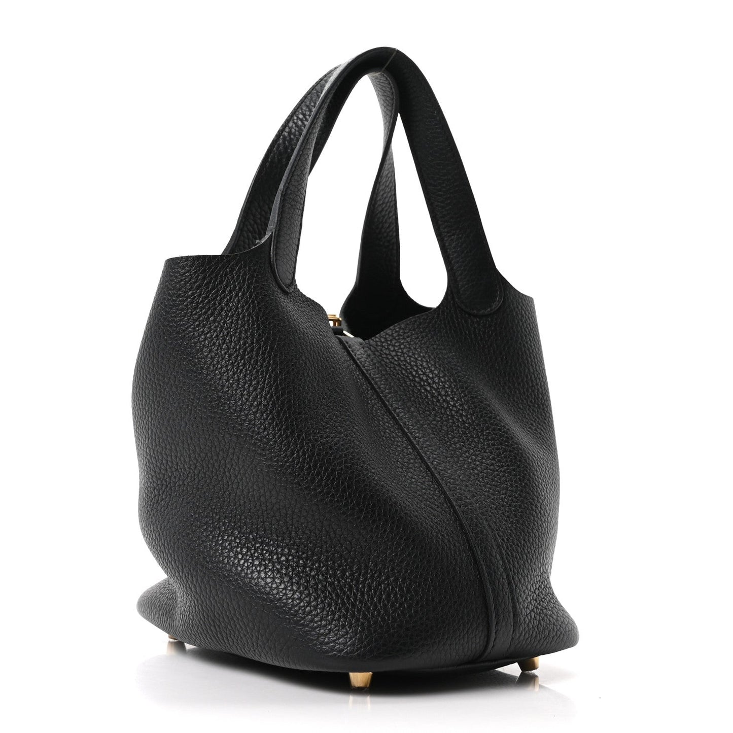 Black pebbled leather tote bag in three-quarter view with slouchy shape and handles