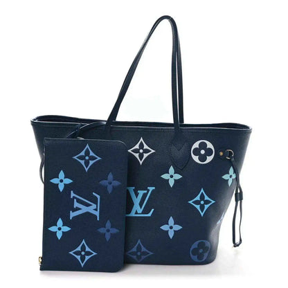 Blue monogram neverfull tote bag with top handles and small side pouch