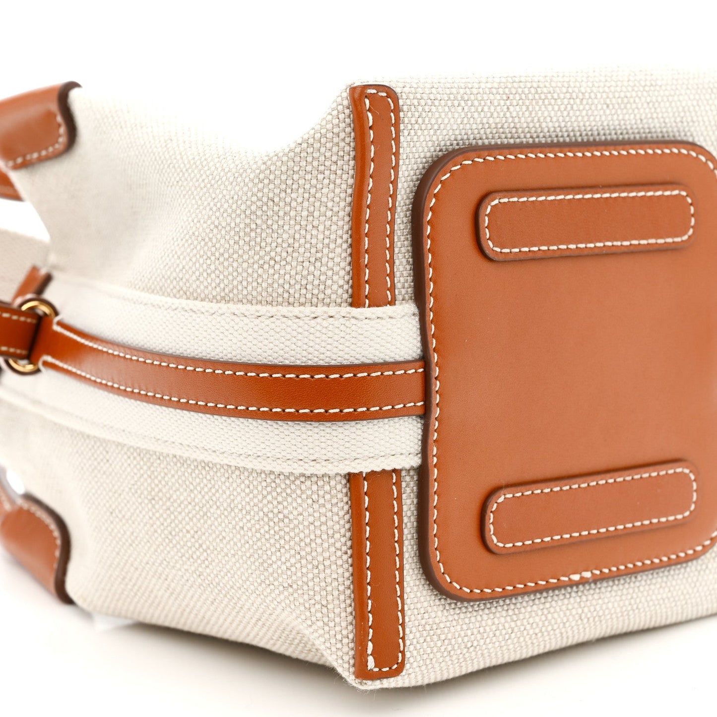 Loro Piana micro bale bag, natural canvas with tan leather side pocket and strap.