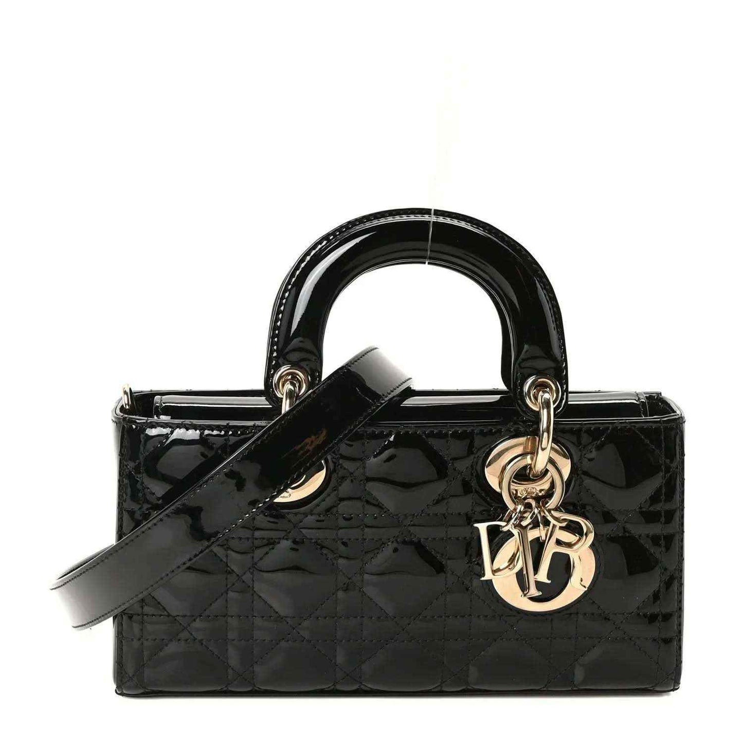Black patent leather Lady D-Joy bag with top handles and gold logo charm
