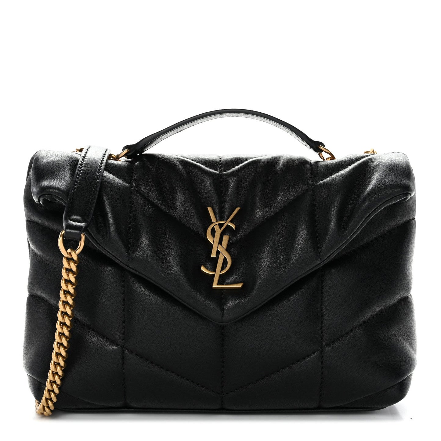 Saint Laurent lambskin quilted satchel with gold-tone YSL logo and chain strap