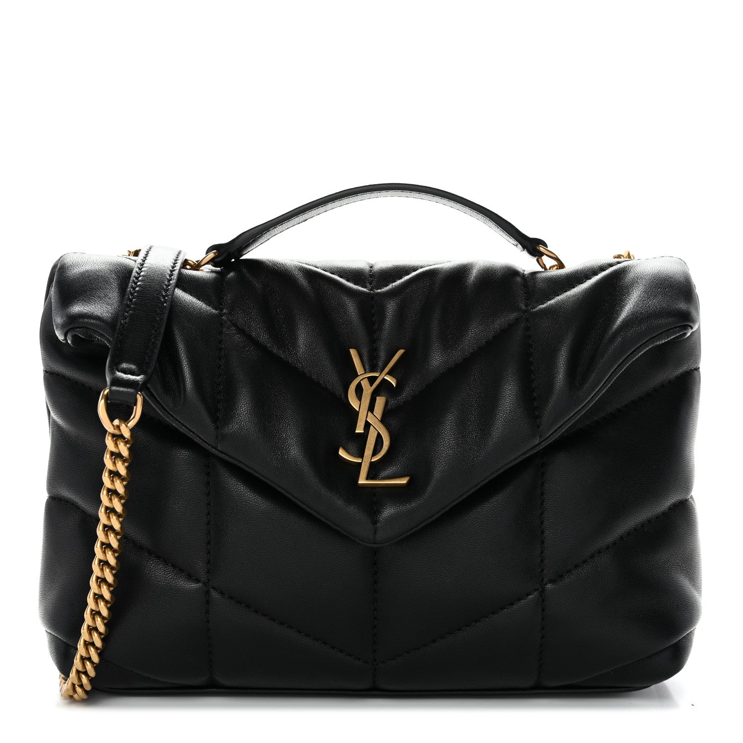 Saint Laurent lambskin quilted satchel with gold-tone YSL logo and chain strap