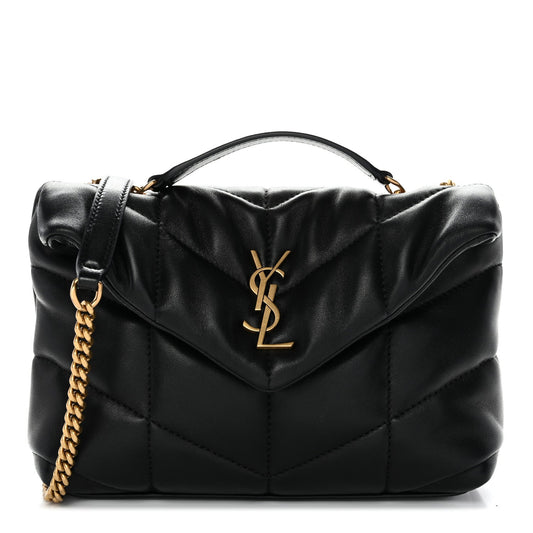 Saint Laurent lambskin quilted satchel with gold-tone YSL logo and chain strap