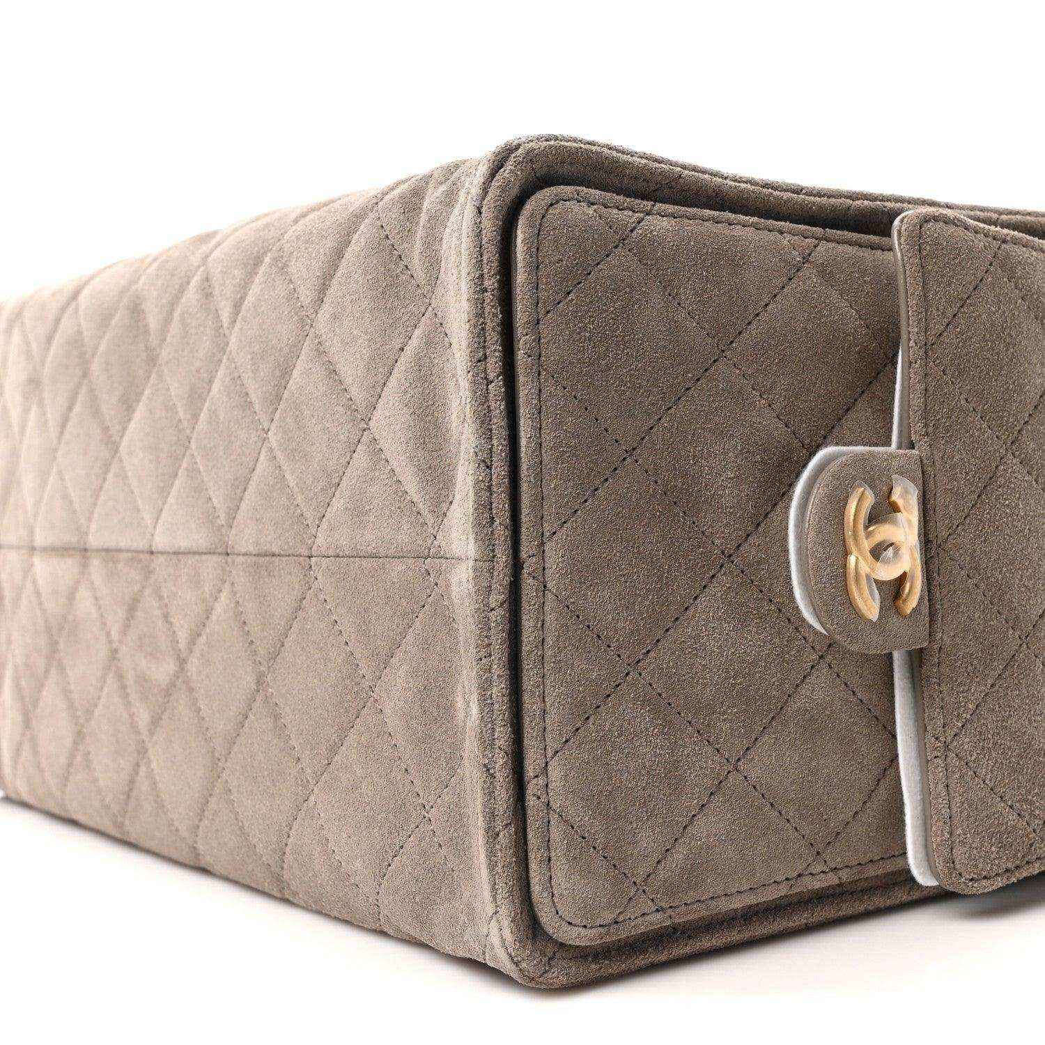 Chanel quilted suede shoulder bag, dark grey, side buckle with gold CC hardware