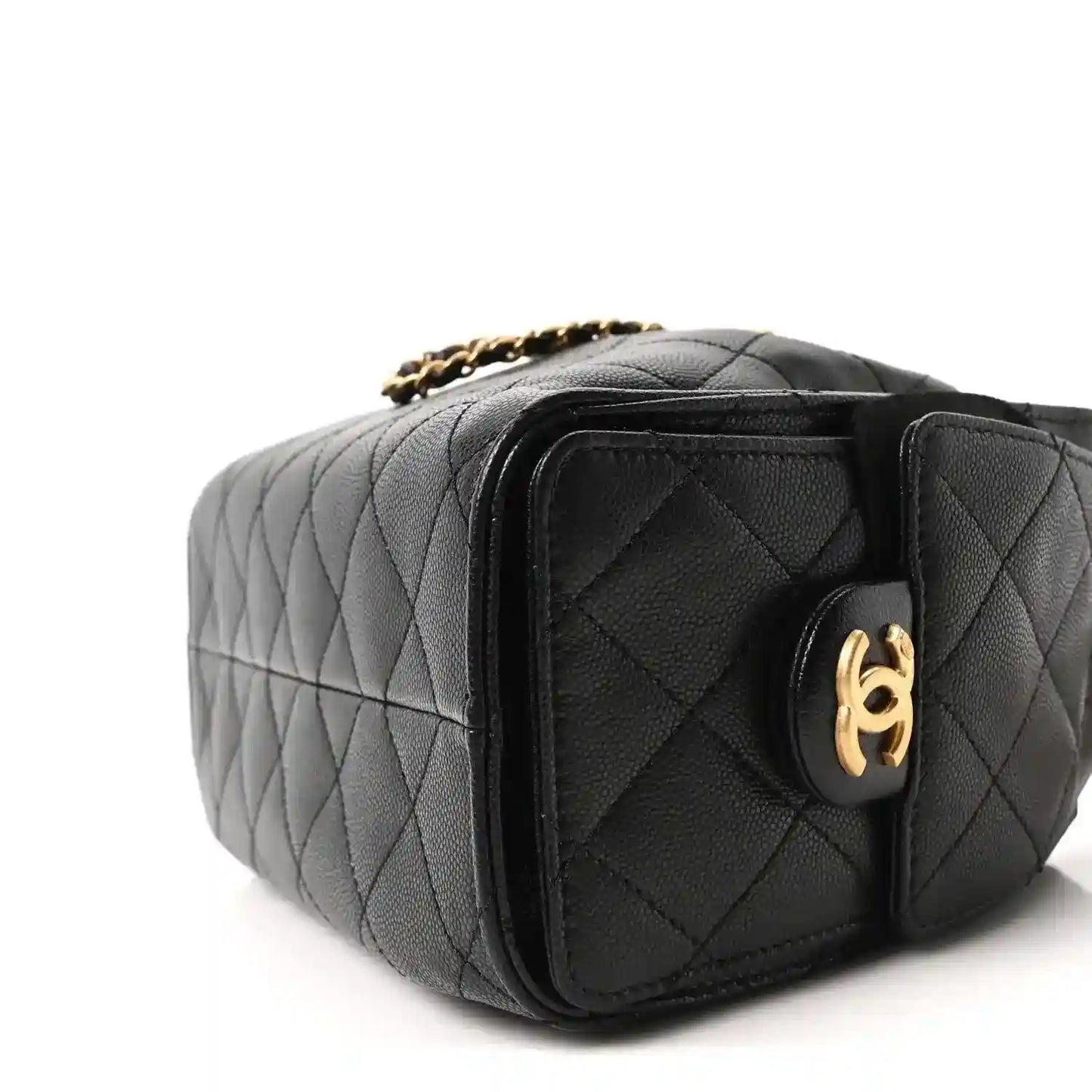 Black leather quilted mini handbag rear view with gold-toned CC badge