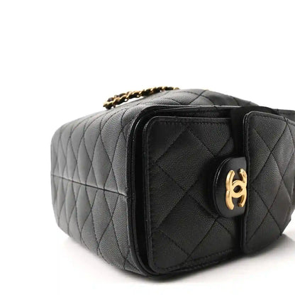 Black leather quilted mini handbag rear view with gold-toned CC badge