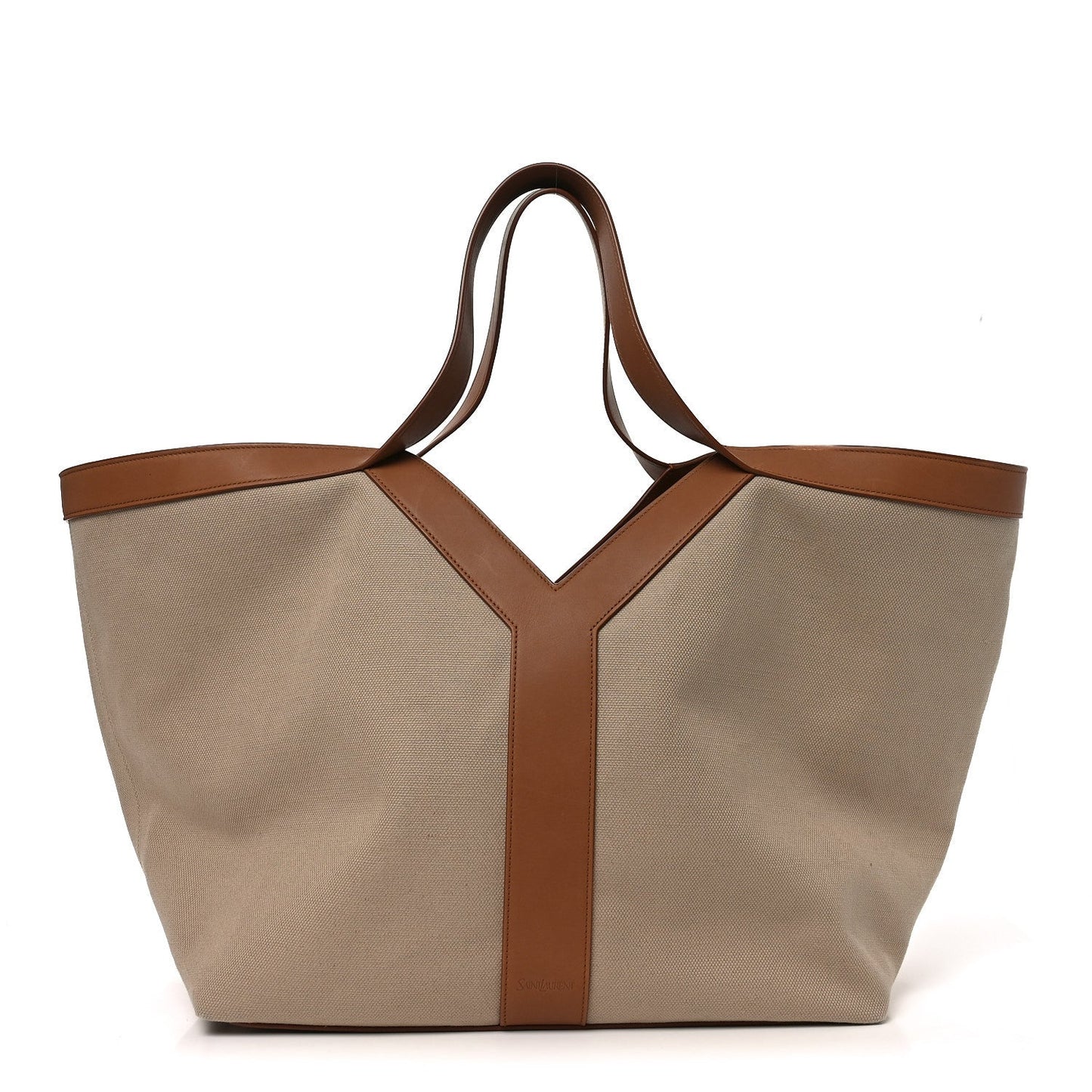 Saint Laurent Y canvas tote bag, beige with brown leather Y-panel and handles