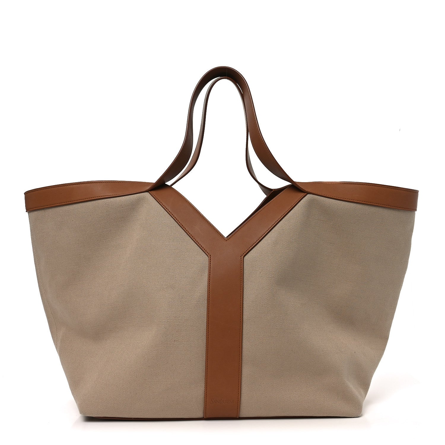 Saint Laurent Y canvas tote bag, beige with brown leather Y-panel and handles