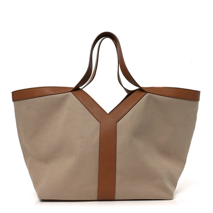 Saint Laurent Y canvas tote bag, beige with brown leather Y-panel and handles