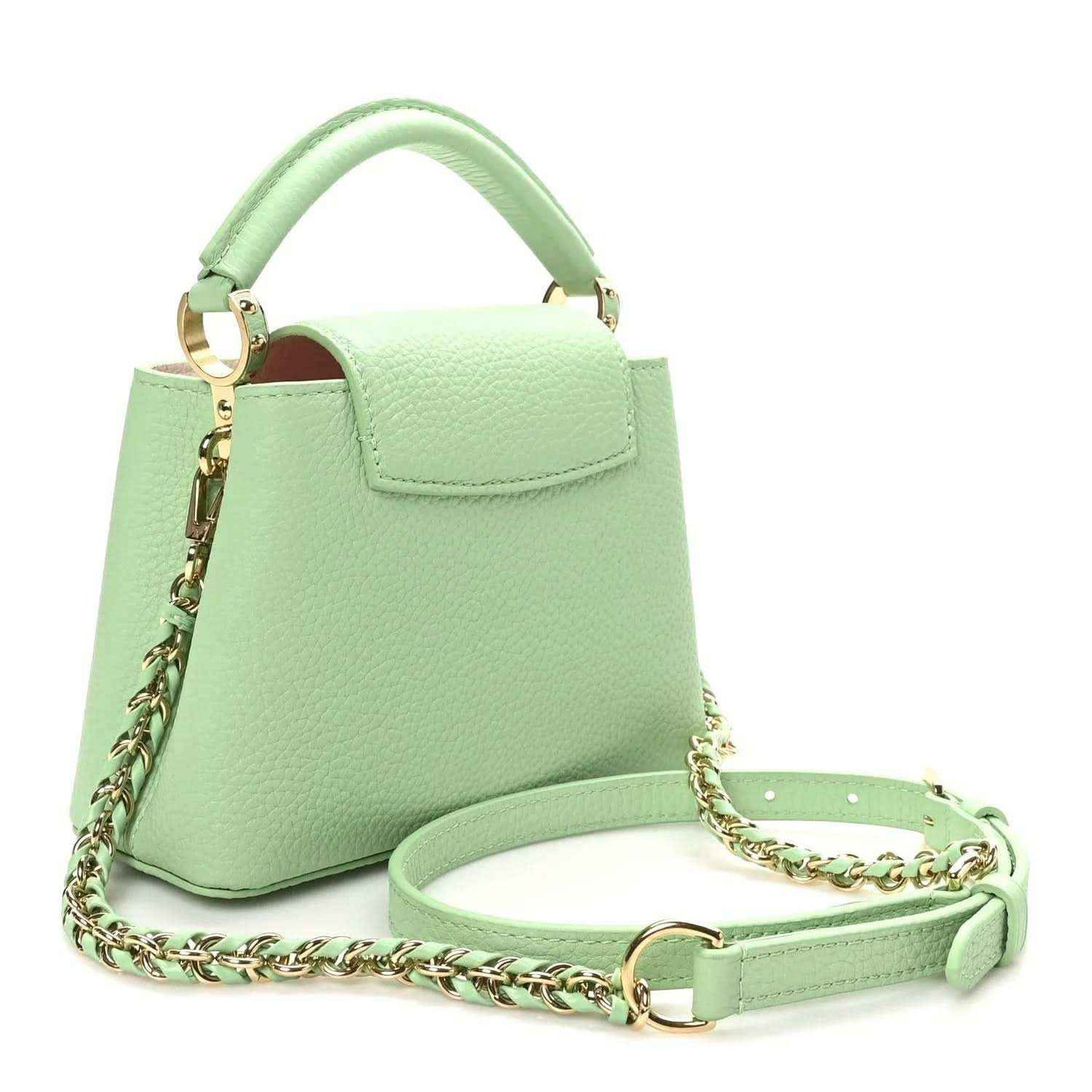 Green leather mini handbag with top handle and chain crossbody strap