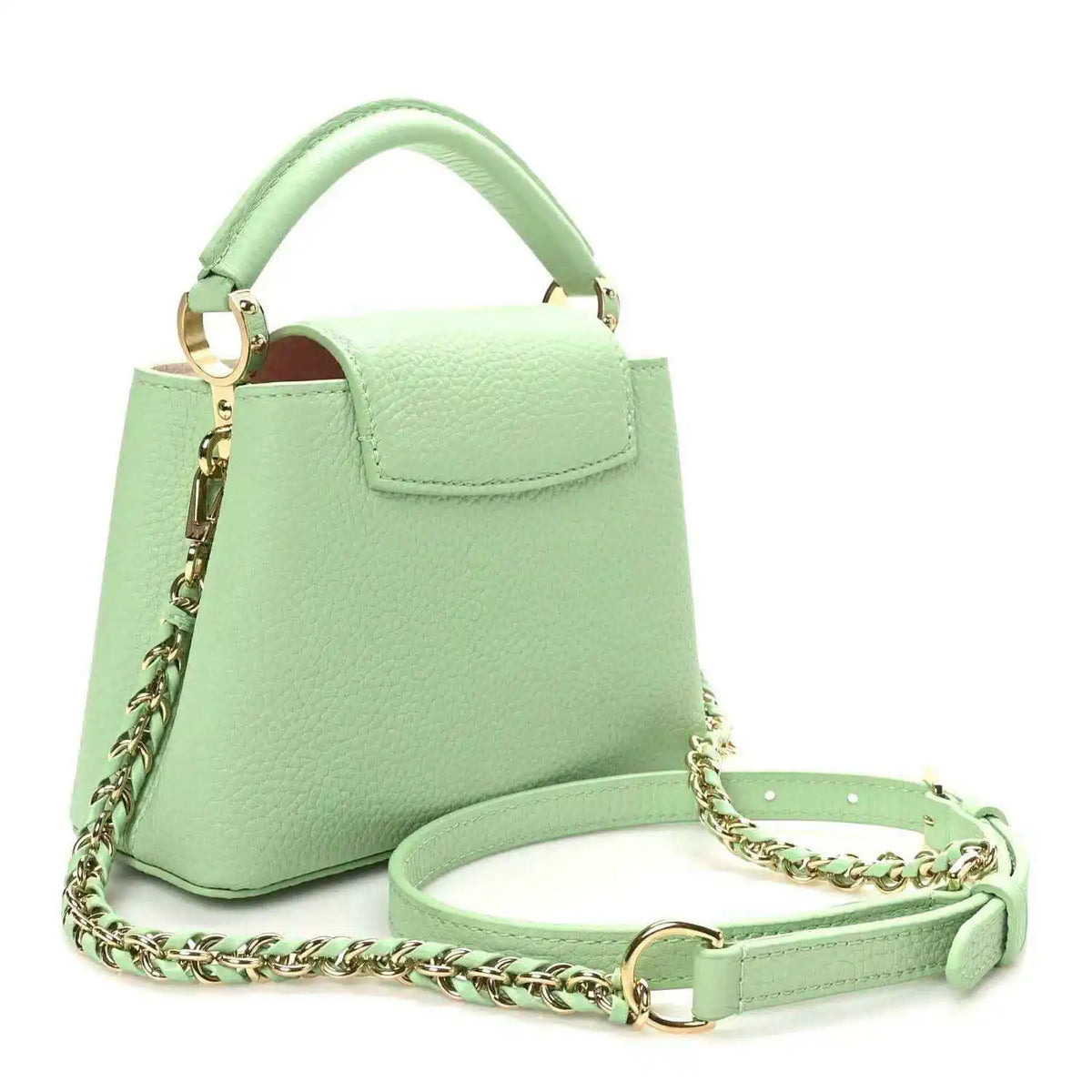 Green leather mini handbag with top handle and chain crossbody strap
