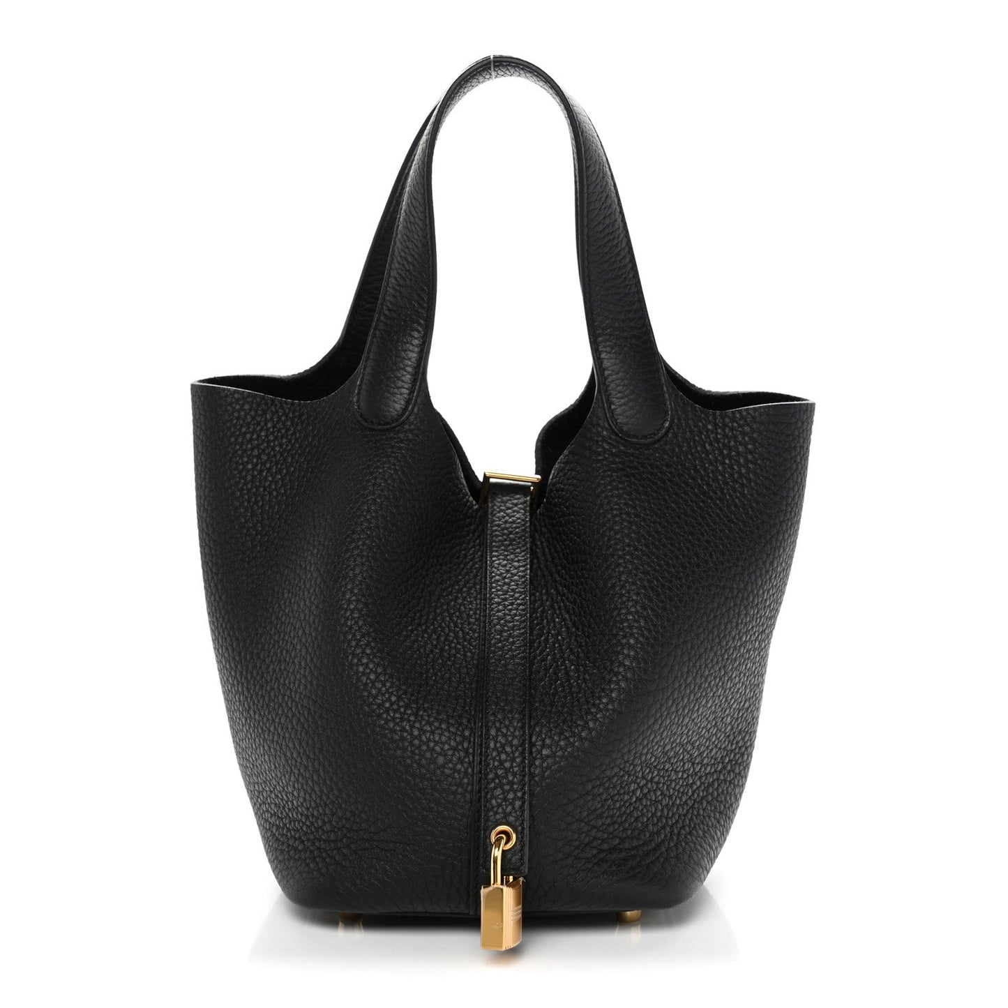 Black textured leather tote bag with gold lock and top handles