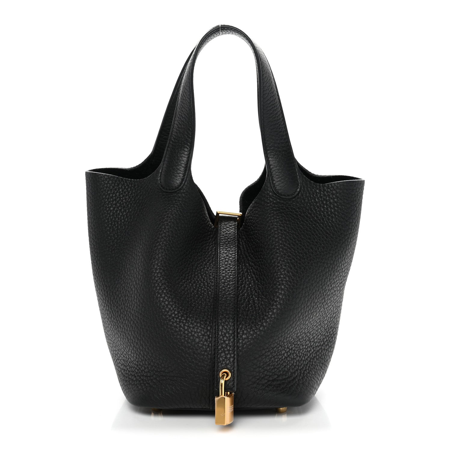 Black textured leather tote bag with gold lock and top handles