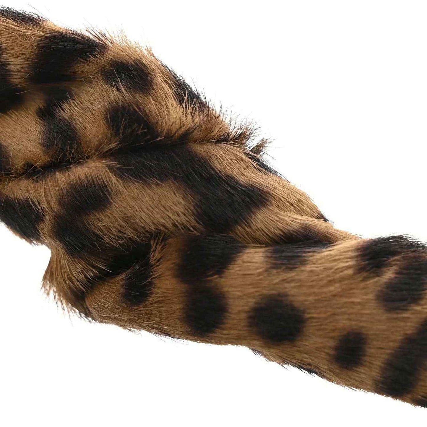 Brown leopard print strap detail with plush fur texture
