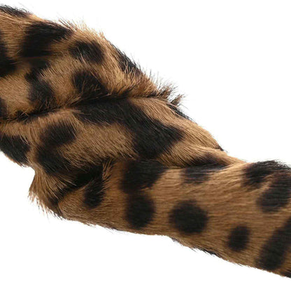 Brown leopard print strap detail with plush fur texture