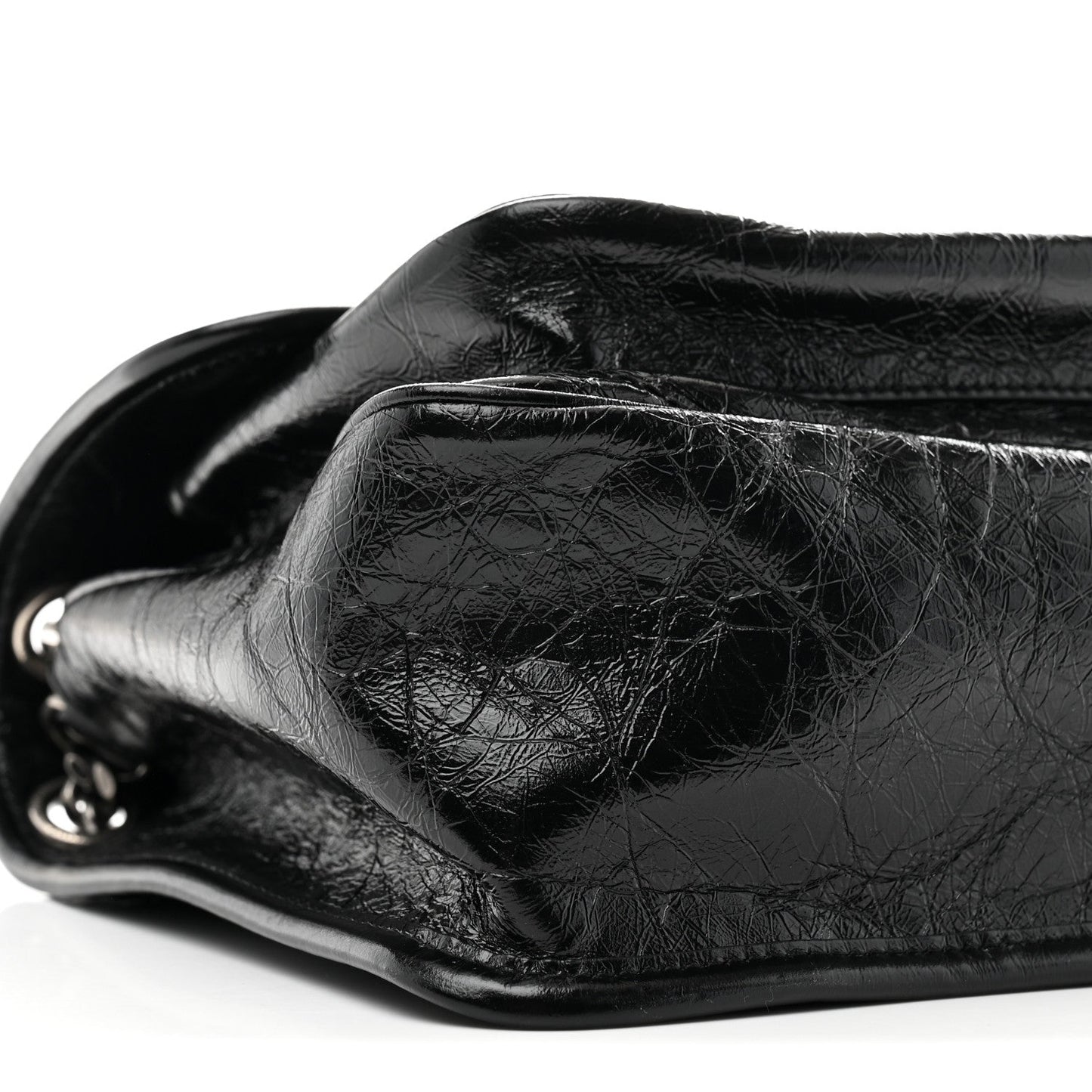 Black crinkled calfskin medium satchel corner with silver hardware ring
