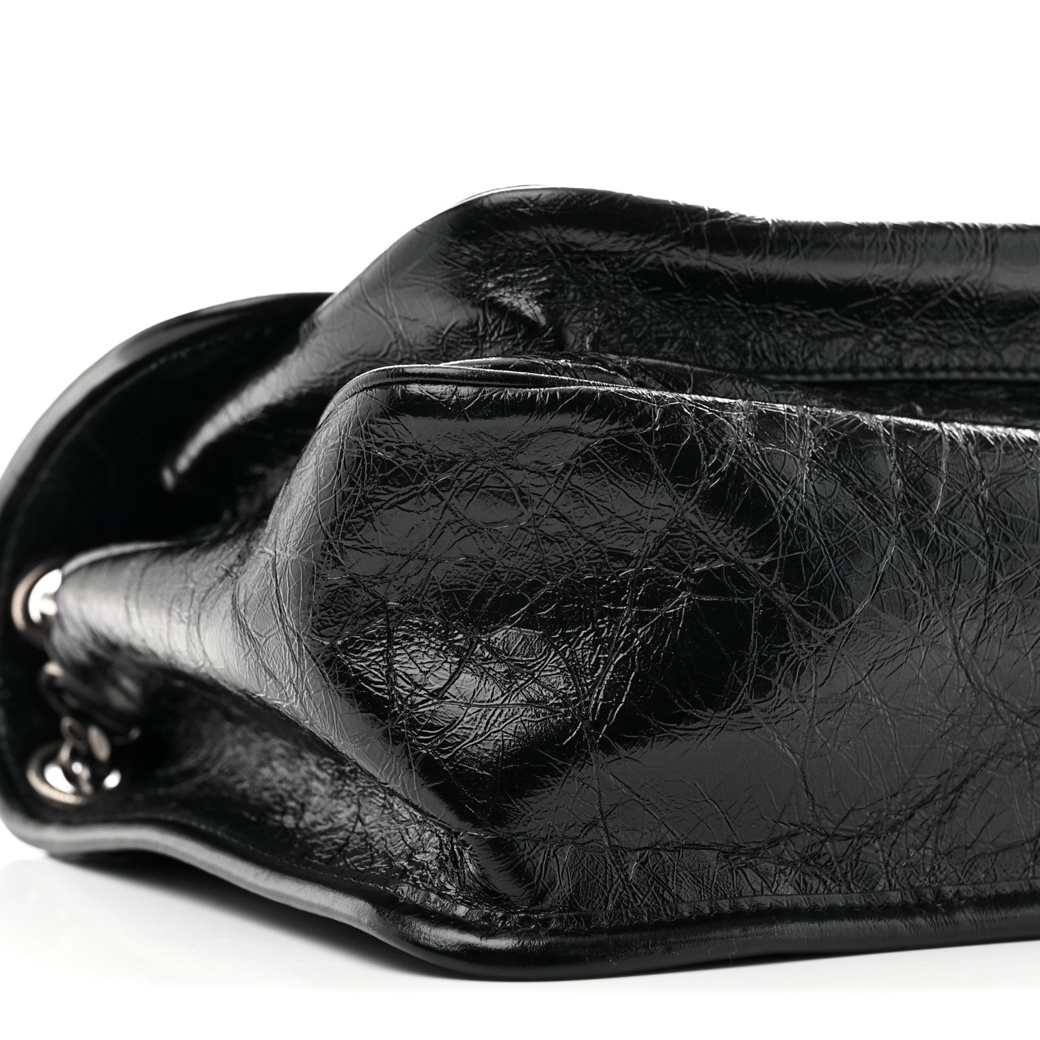 Black crinkled calfskin medium satchel corner with silver hardware ring