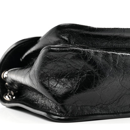 Black crinkled calfskin medium satchel corner with silver hardware ring