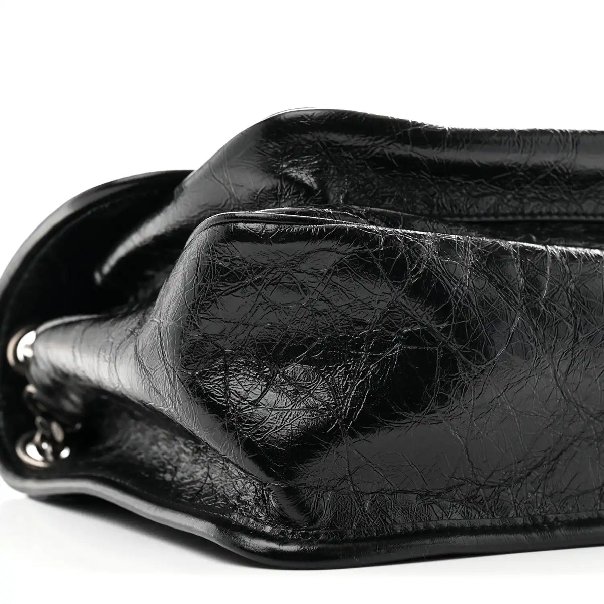 Black crinkled calfskin medium satchel corner with silver hardware ring