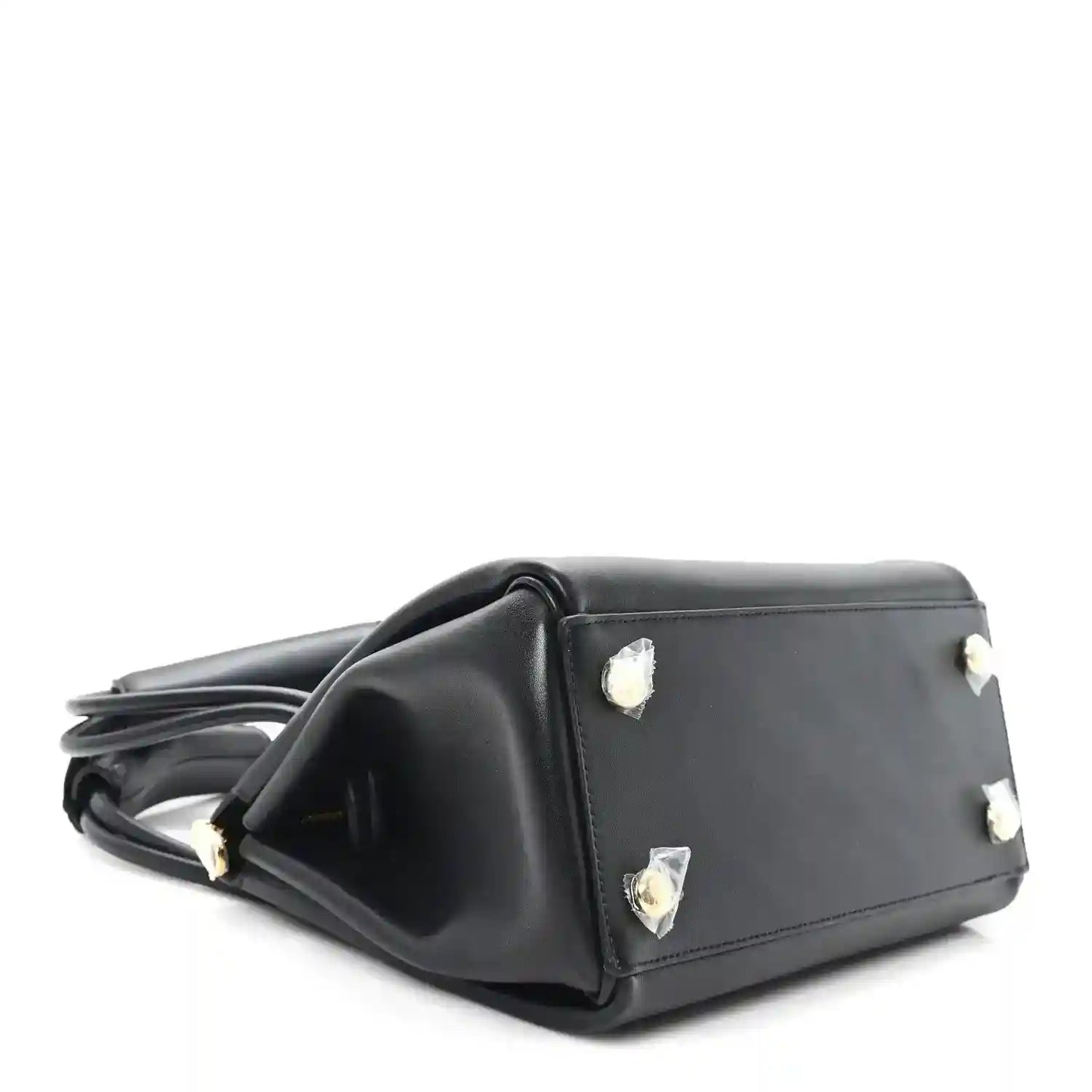 Small black leather handbag with side studs and top handles
