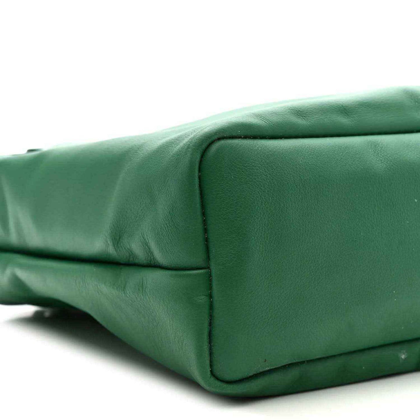 Green leather tote end with padded corners and stitched edge
