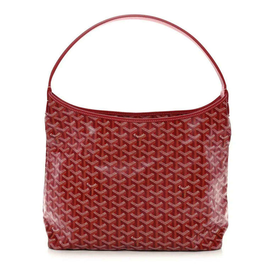 Red Goyardine hobo bag with top handle and repeating monogram pattern