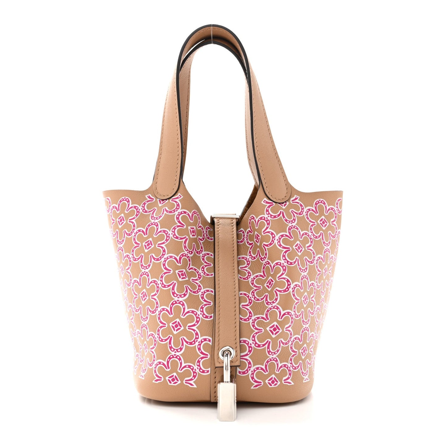 Micro tote bag with magenta floral print, chai rose leather trim, lock clasp