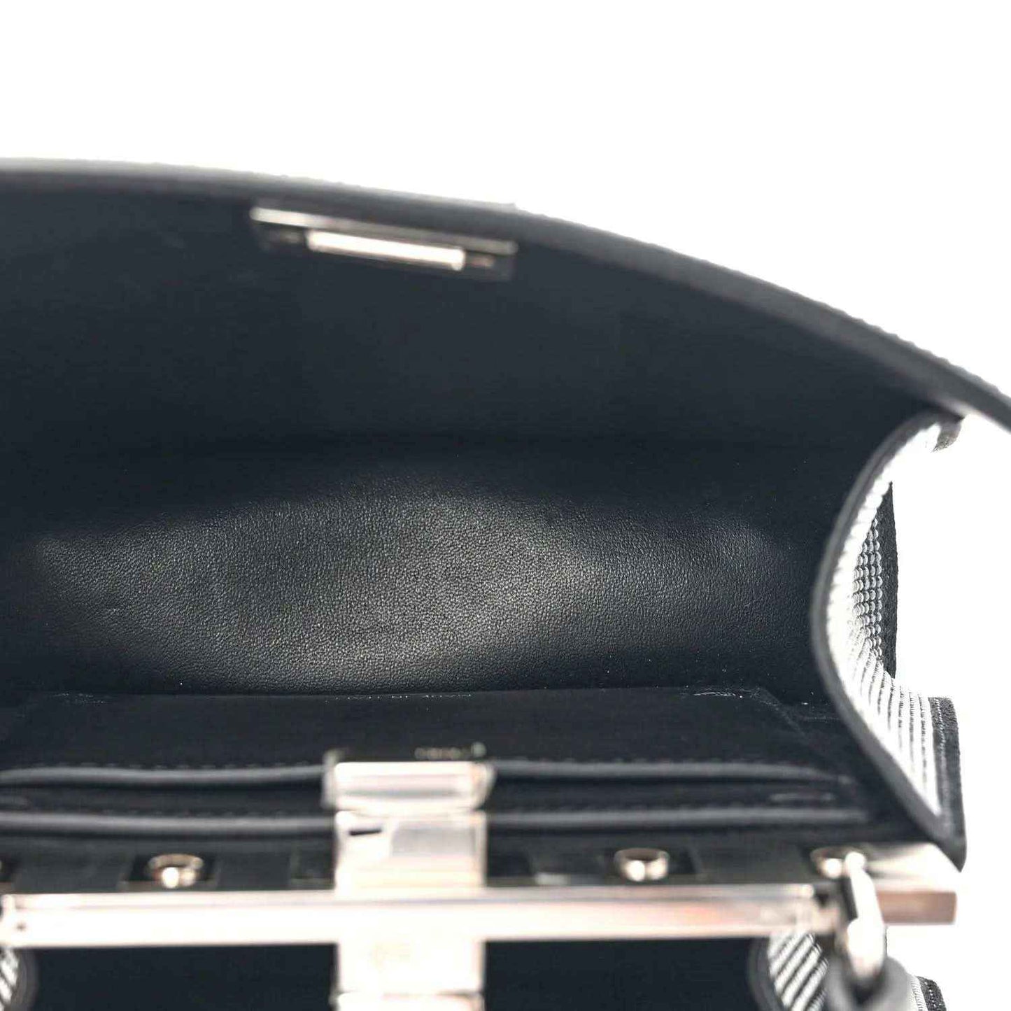 Fendi black leather satchel interior with metal crossbar hardware