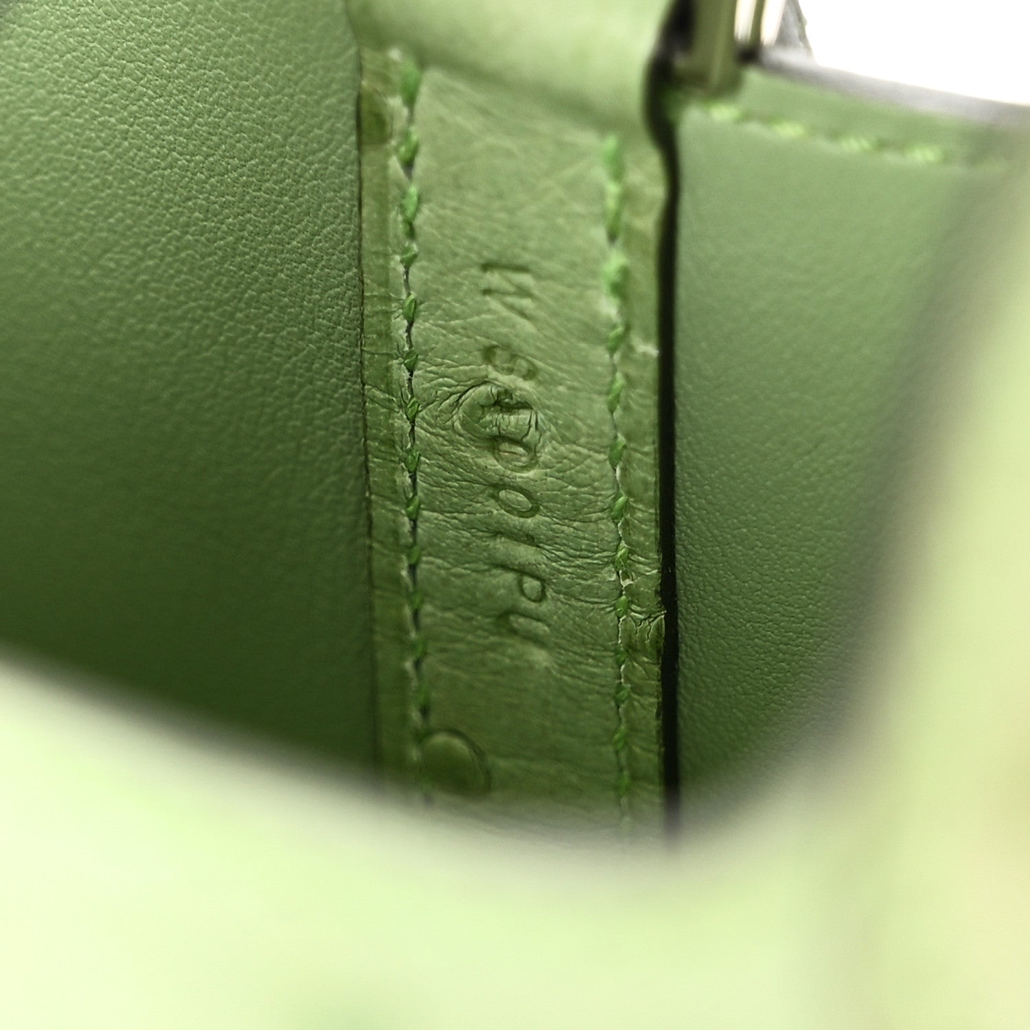 Green ostrich-embossed leather handbag corner with vertical stitched detail