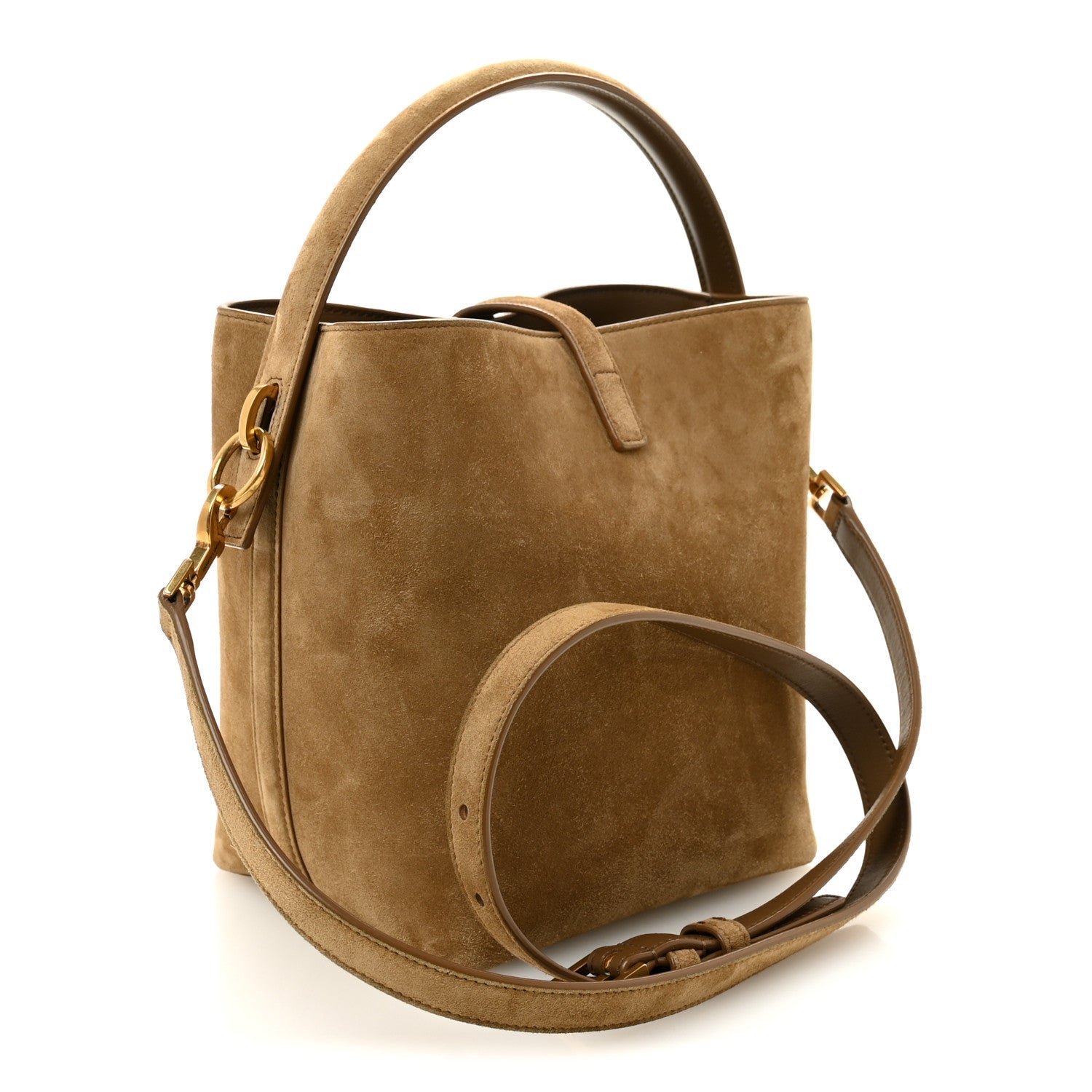 Suede bucket bag with curved front pocket and crossbody strap, golden tan suede